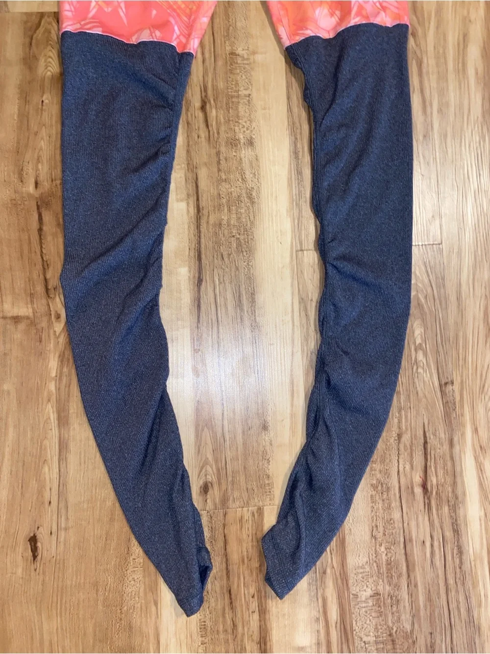 ALO Goddess Ribbed Coral Pattern and Gray Colorblock Leggings